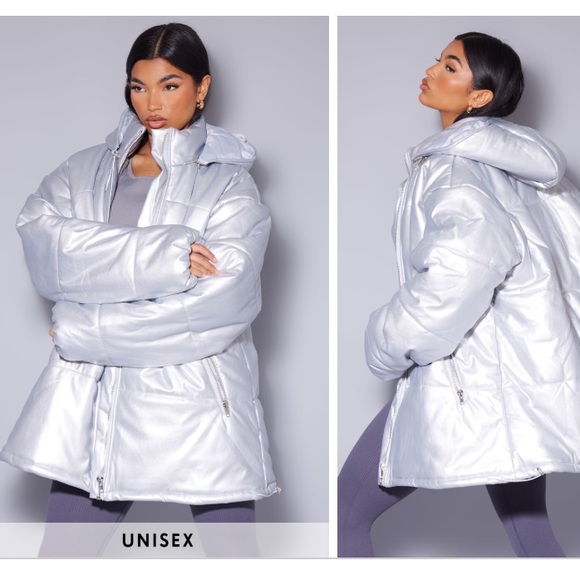 PrettyLittleThing Metallic Silver Unisex Extreme Oversized Puffer Coat Sz Large - Picture 1 of 10